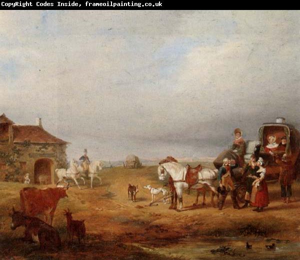unknow artist An open landscape with a horse and carriage halted beside a pond,with anmals and innnearby